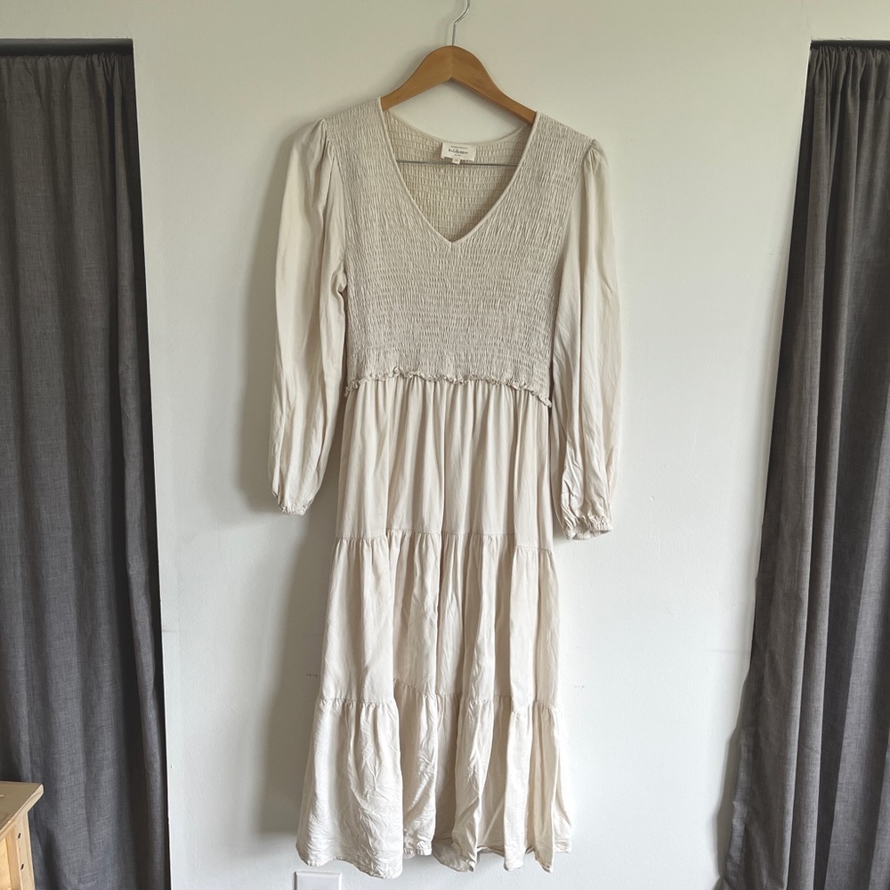 Bohme smocked tiered ivory midi dress